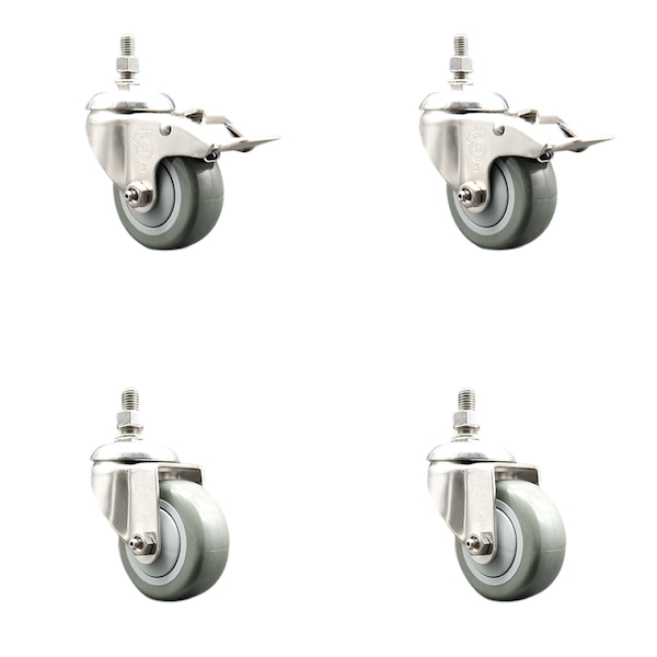 Service Caster 3 Inch 316SS Gray Polyurethane 1/2 Inch Threaded Stem Caster Lock Brake SCC, 2PK SCC-SS316TSTTL20S314-PPUB-121315-2S2 - main